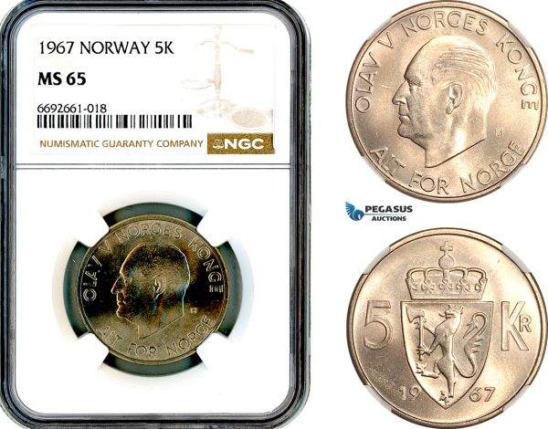 A12-542, Norway, Olav V, 5 Kroner 1967, KM-412, NGC MS65