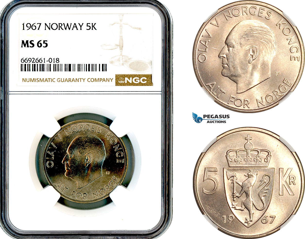 A12-542, Norway, Olav V, 5 Kroner 1967, KM-412, NGC MS65