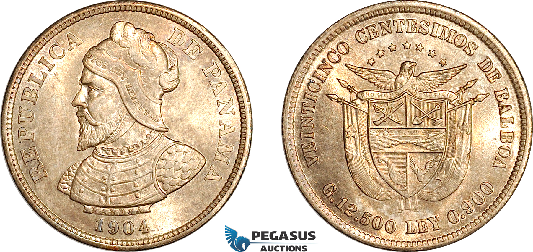 A12-546, Panama, 25 Centesimos 1904, Silver, KM-4, Fine toning, Minor cleaning, XF-UNC