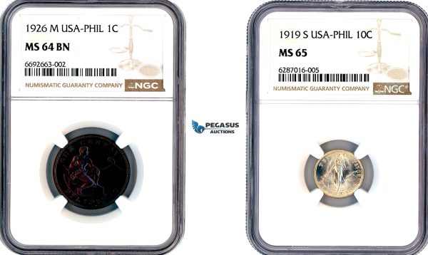 A12-549, Philippines, US Administration, Mixed lot, Centavo 1926 M and 10 Centavos 1919 S, NGC MS64BN and MS65