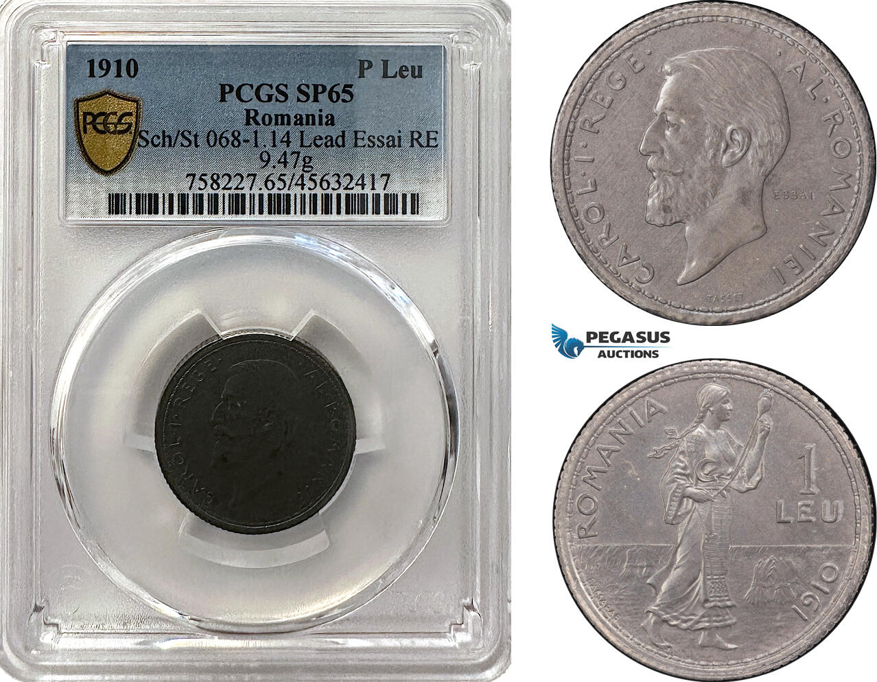A12-632, Romania, Carol I, Pattern ESSAI 1 Leu 1910, Brussels Mint, Lead (9.47g) Reeded edge, Coin rotation, Schäffer/Stambuliu 068-1.14, PCGS SP65, Top Pop! Rare!