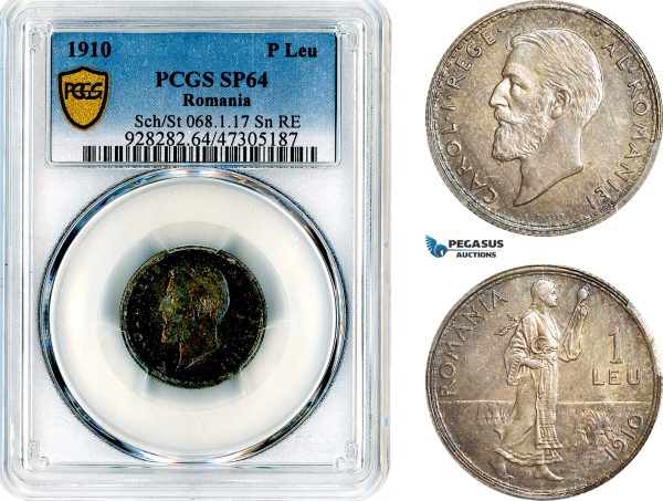 A12-633, Romania, Carol I, Pattern 1 Leu 1910, Brussels Mint, Tin, Reeded edge, coin rotation, Schäffer/Stambuliu 068 var, PCGS SP64