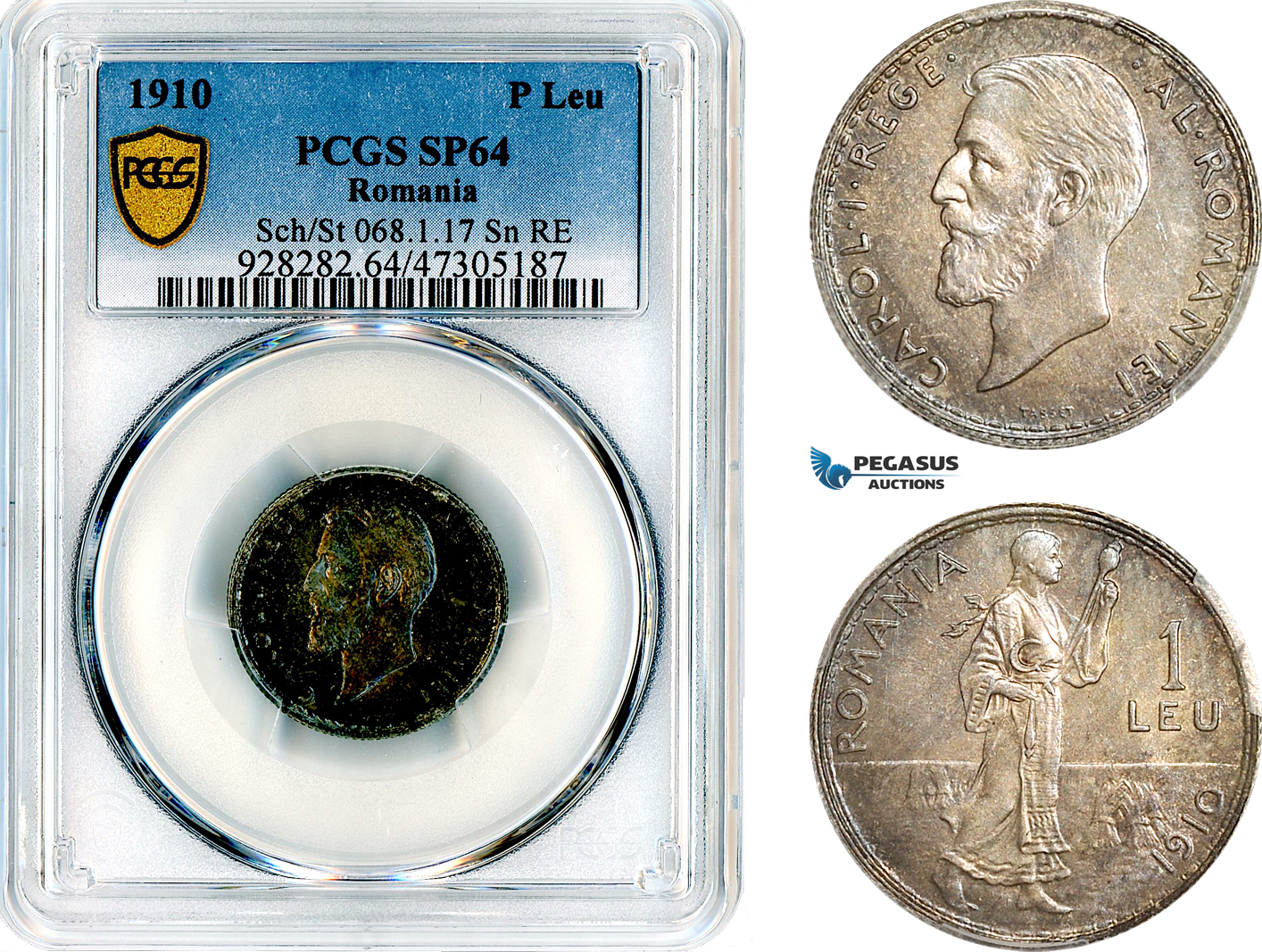 A12-633, Romania, Carol I, Pattern 1 Leu 1910, Brussels Mint, Tin, Reeded edge, coin rotation, Schäffer/Stambuliu 068 var, PCGS SP64