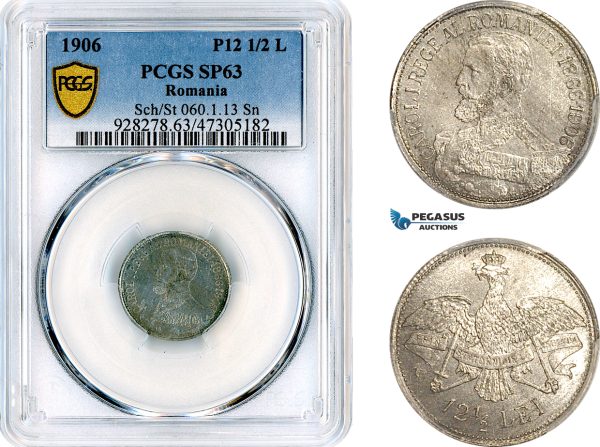 A12-635, Romania, Carol I, Pattern 12 1/2 Lei 1906, Brussels Mint, Tin, Medal rotation, Schäffer/Stambuliu 60-1.3, PCGS SP63