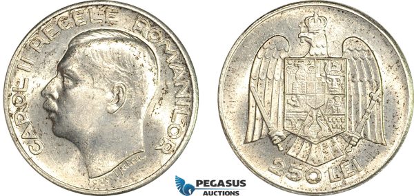 A12-642, Romania, Carol II, Pattern 250 Lei 1935, Bucharest Mint, Tin (8.62g) Plain edge, Coin rotation, Schäffer/Stambuliu 255 var. (Unpublished metal) Brilliant UNC, Very rare!
