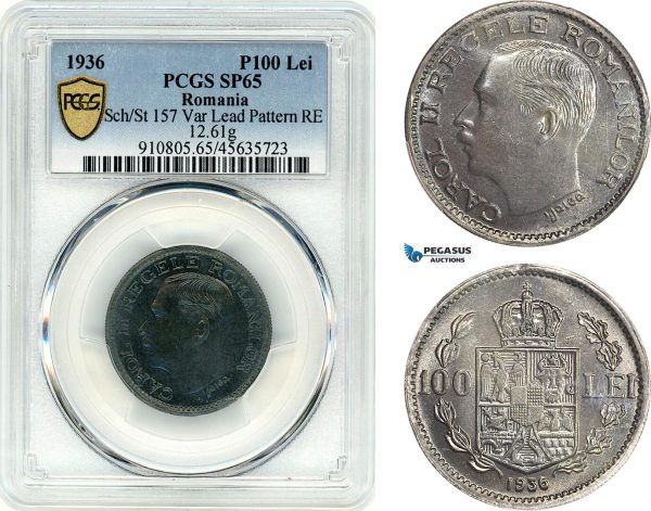 A12-643, Romania, Carol II, Pattern 100 Lei 1936, Bucharest Mint, Lead (12.61g) Reeded edge, coin rotation, Schäffer/Stambuliu 157 var. (Unpublished metal), PCGS SP65