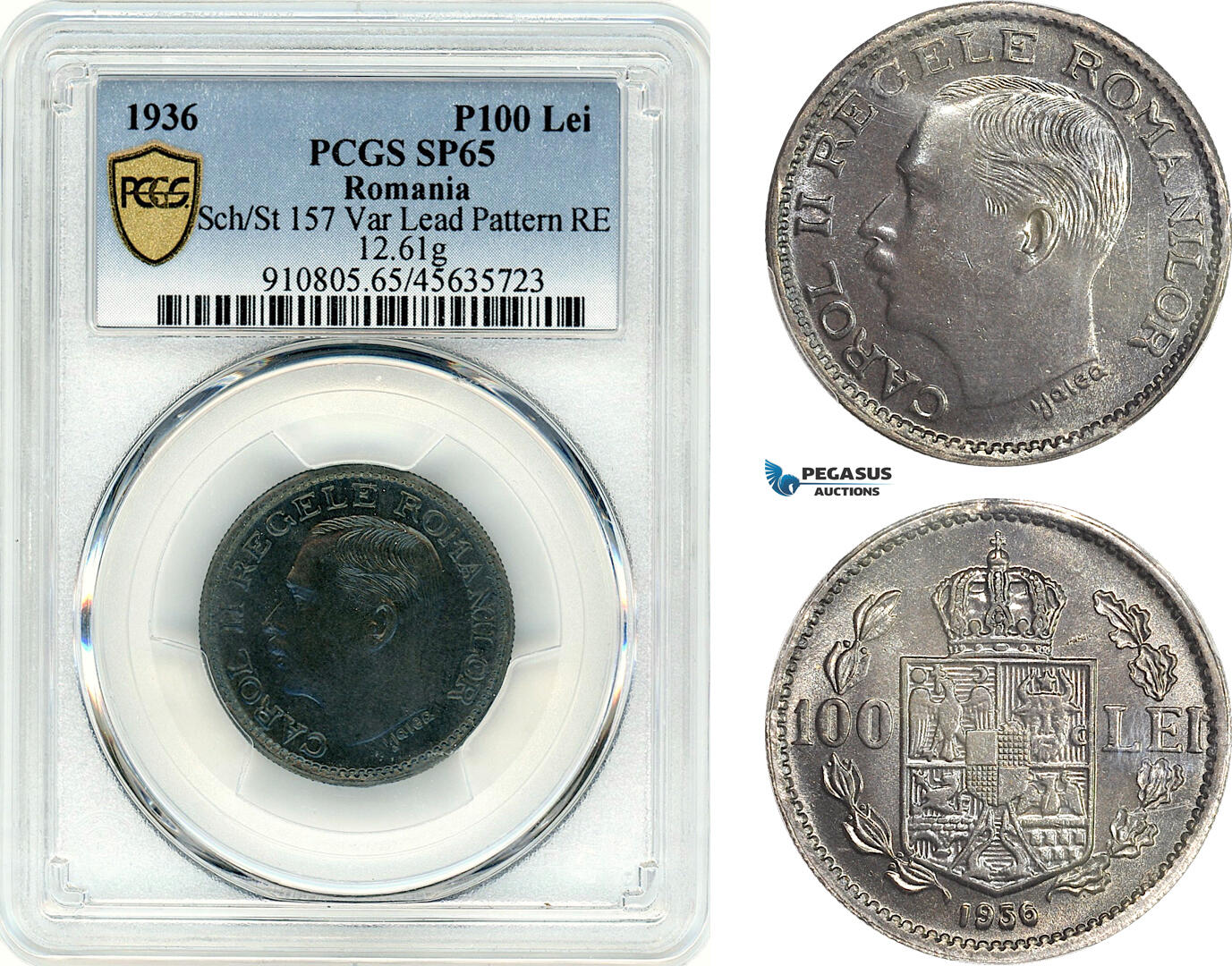 A12-643, Romania, Carol II, Pattern 100 Lei 1936, Bucharest Mint, Lead (12.61g) Reeded edge, coin rotation, Schäffer/Stambuliu 157 var. (Unpublished metal), PCGS SP65