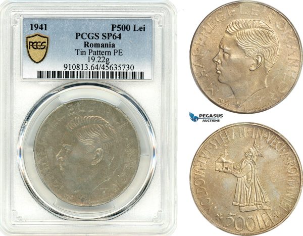 A12-645, Romania, Mihai I, Pattern 500 Lei 1941, Bucharest Mint, Tin (19.22g) Plain edge, Medal rotation, Schäffer/Stambuliu -- (Unpublished) PCGS SP64 Top Pop!, Rare!