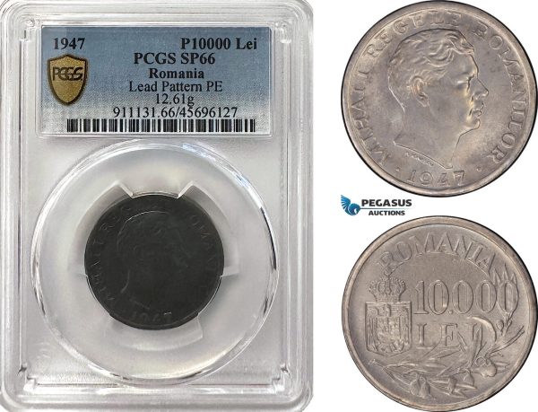 A12-646, Romania, Mihai I, Pattern 10000 Lei 1947, Bucharest Mint, Tin (12.61g) Plain edge, Medal rotation, Schäffer/Stambuliu (Unpublished), PCGS SP66, Top Pop! Very Rare!