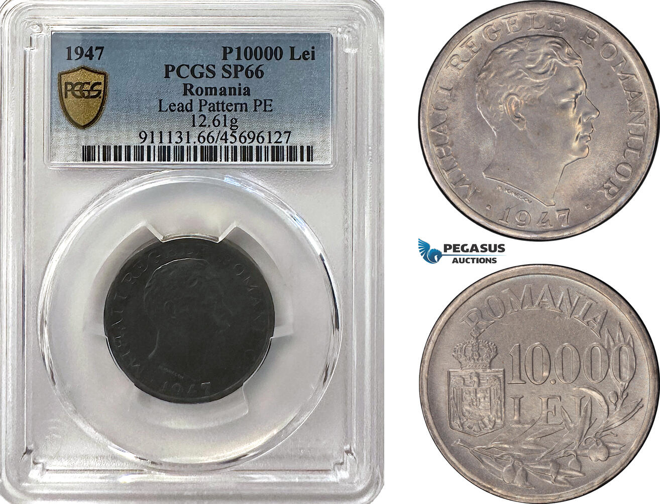 A12-646, Romania, Mihai I, Pattern 10000 Lei 1947, Bucharest Mint, Tin (12.61g) Plain edge, Medal rotation, Schäffer/Stambuliu (Unpublished), PCGS SP66, Top Pop! Very Rare!