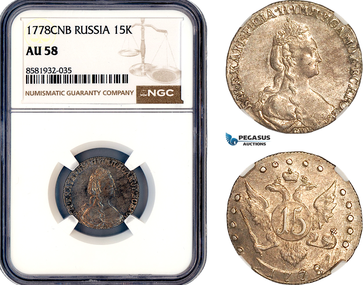 A12-666, Russia, Catherine II, 15 Kopeks 1778 СПБ, St. Petersburg Mint, Silver,"ВСЕРОСС", Bitking-427, (R1), Light toning and very flashy! Undegraded in our opinion! NGC AU58, Very rare!
