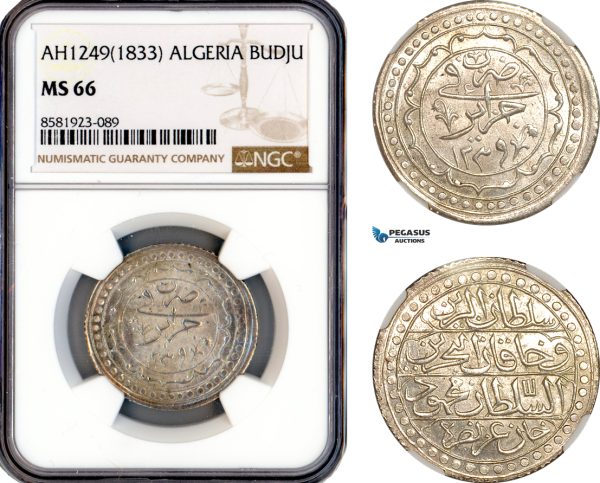 A12-008, Algeria, Mahmud II, Budju AH1249 (1833), Silver, KM-68, Light champagne toning, NGC MS66, Top Pop and single finest graded!