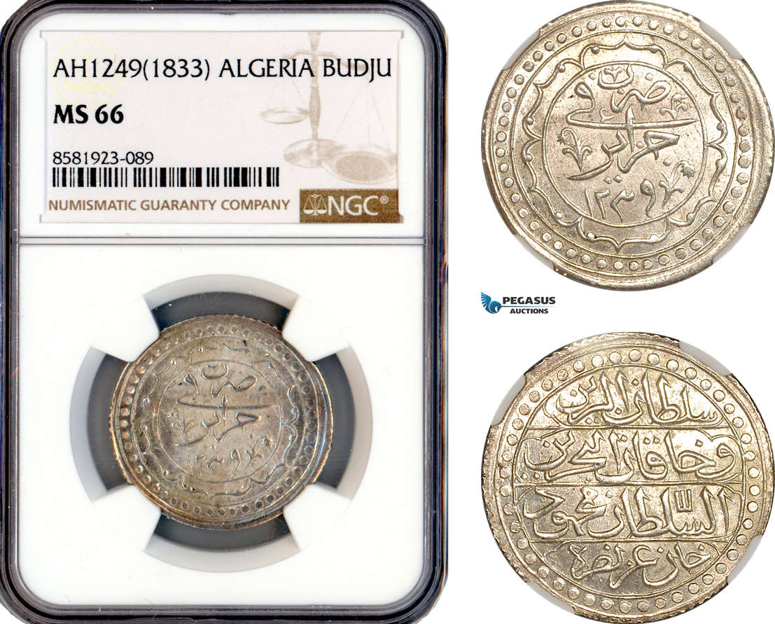A12-008, Algeria, Mahmud II, Budju AH1249 (1833), Silver, KM-68, Light champagne toning, NGC MS66, Top Pop and single finest graded!