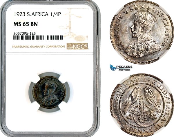 A12-830, South Africa, George V, 1/4 Penny 1923, Pretoria Mint, KM-12.1, NGC MS65BN