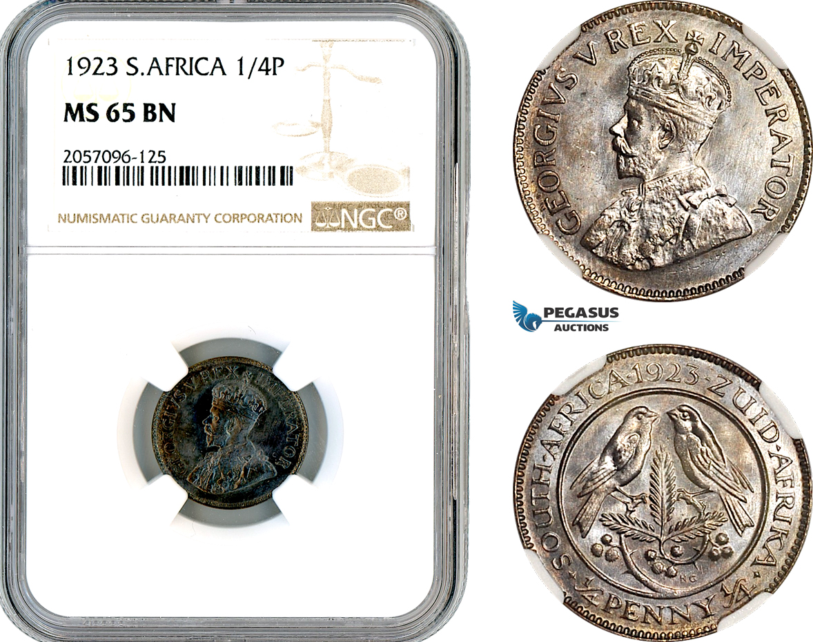 A12-830, South Africa, George V, 1/4 Penny 1923, Pretoria Mint, KM-12.1, NGC MS65BN