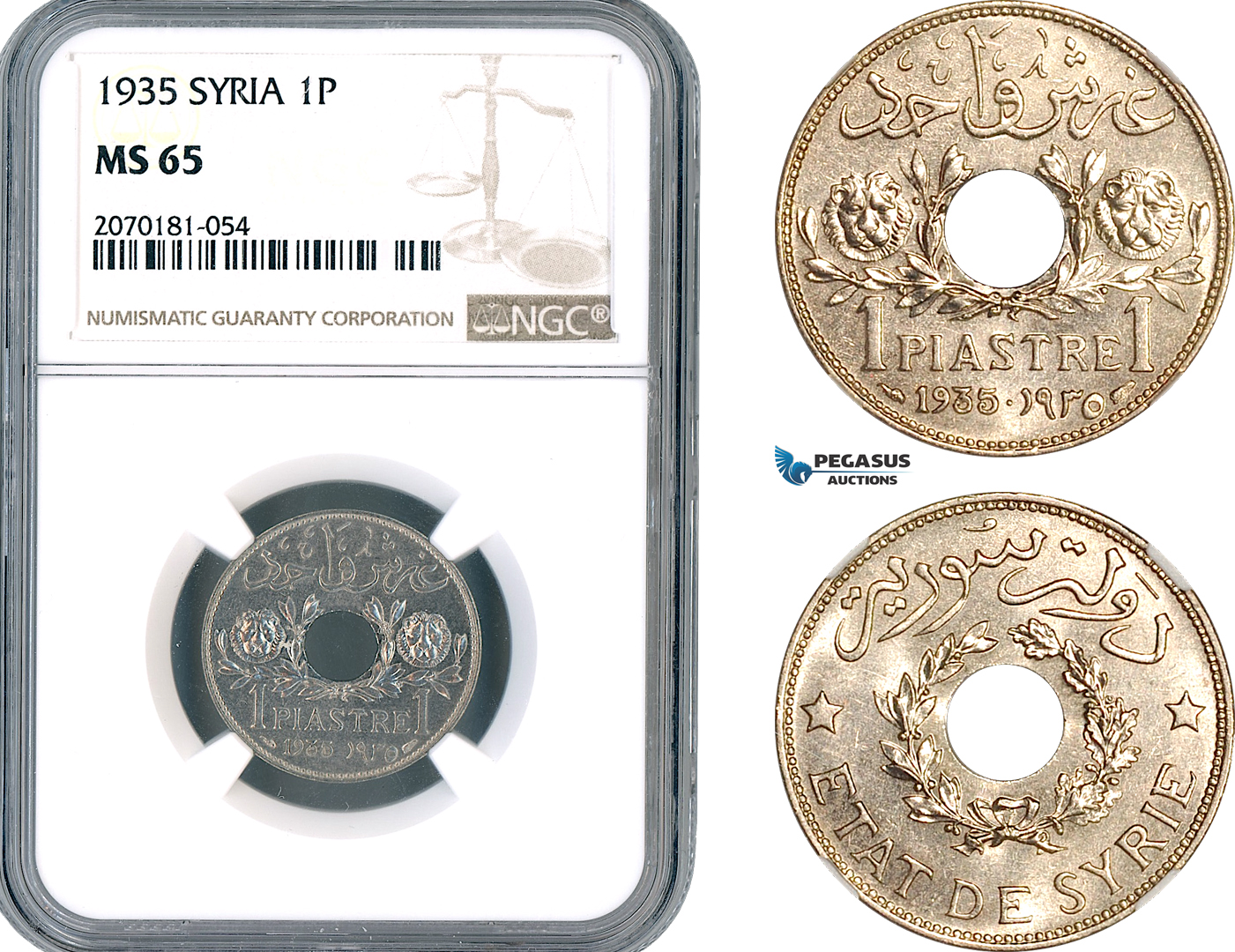 A12-866, Syria, French Protectorate, Piastre (Qirsh) 1935, Paris Mint, KM-71, NGC MS65