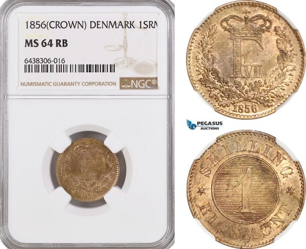 A5/221 Denmark, Frederik VII, 1 Skilling Rigsmønt 1856 Crown, Copenhagen Mint, H 16B, NGC MS64RB (Slab error, not "Crown" mm.)
