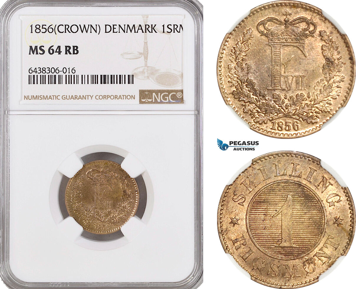 A5/221 Denmark, Frederik VII, 1 Skilling Rigsmønt 1856 Crown, Copenhagen Mint, H 16B, NGC MS64RB (Slab error, not "Crown" mm.)