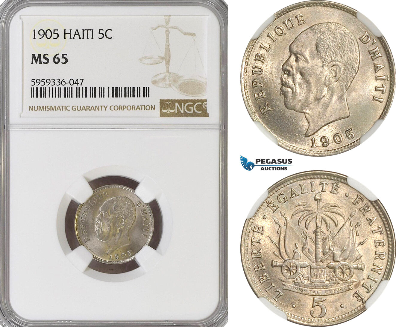 A5/477 Haiti, President Alexis, 5 Centimes 1905, Waterbury Mint, KM# 53, NGC MS65