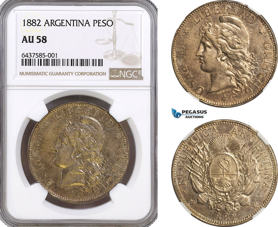 A6/7, Argentina, 1 Peso 1882, Silver, KM# 29, Lovely toning! NGC AU58