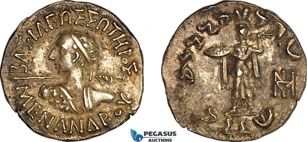 A8/001, Baktria, Indo-Greek Kingdom, Menander I Soter, (ca. 165-130 BC) AR Drachm (2.51g) Obv.: ΒΑΣΙΛΕΩΣ ΣΩΤΗΡΟΣ / ΜΕΝΑΝΔΡΟΥ,  Rev.: Athena Alkedimos advancing left. Bopearachchi 7B, Light deposits, otherwise aEF