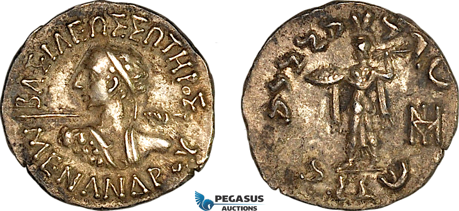 A8/001, Baktria, Indo-Greek Kingdom, Menander I Soter, (ca. 165-130 BC) AR Drachm (2.51g) Obv.: ΒΑΣΙΛΕΩΣ ΣΩΤΗΡΟΣ / ΜΕΝΑΝΔΡΟΥ,  Rev.: Athena Alkedimos advancing left. Bopearachchi 7B, Light deposits, otherwise aEF