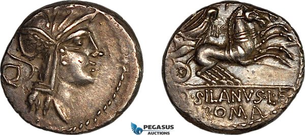 A8/005, Roman Republic, D. Silanus L.f. (91 BC) AR Denarius (3.91g), Rome Mint., Obv.: Helmeted head of Roma right; C to left.  Rev.: Victory driving galloping biga right. Crawford 337/3., Deep cabinet toning, some weakness on the reverse. EF
