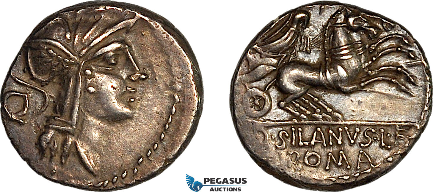 A8/005, Roman Republic, D. Silanus L.f. (91 BC) AR Denarius (3.91g), Rome Mint., Obv.: Helmeted head of Roma right; C to left.  Rev.: Victory driving galloping biga right. Crawford 337/3., Deep cabinet toning, some weakness on the reverse. EF