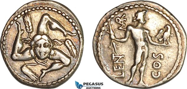 A8/010, Roman Republic, L. Cornelius Lentulus and C. Claudius Marcellus  (49 BC) AR Denarius (3.74g) Military Mint travelling with Pompey in the East. Obv.: Triskeles, with winged head of Medusa facing at center; stalk of grain between each leg.