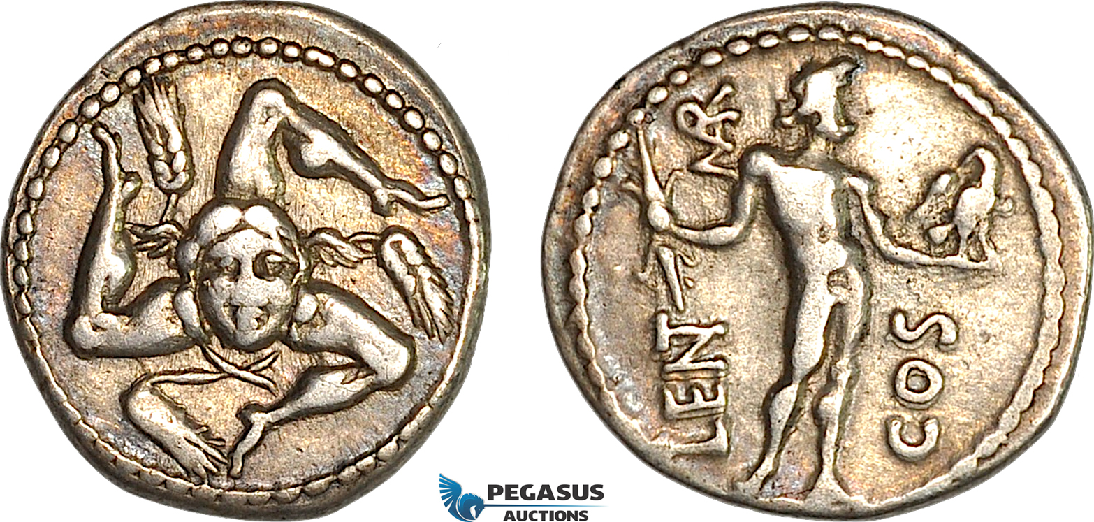 A8/010, Roman Republic, L. Cornelius Lentulus and C. Claudius Marcellus  (49 BC) AR Denarius (3.74g) Military Mint travelling with Pompey in the East. Obv.: Triskeles, with winged head of Medusa facing at center; stalk of grain between each leg.