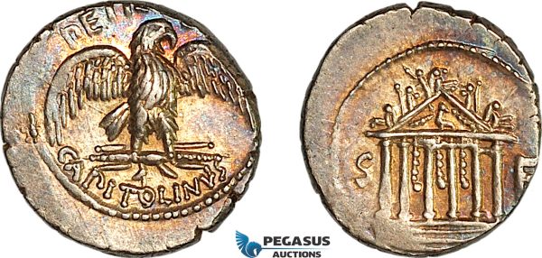 A8/012, Roman Republic, Petilius Capitolinus (43 BC) AR Denarius (3.84g) Rome Mint, Obv.: Eagle on thunderbolt Rev:. Jupiter Capitoline temple; between central columns, hanging decoration; in field, S - F. Crawford 487/2b