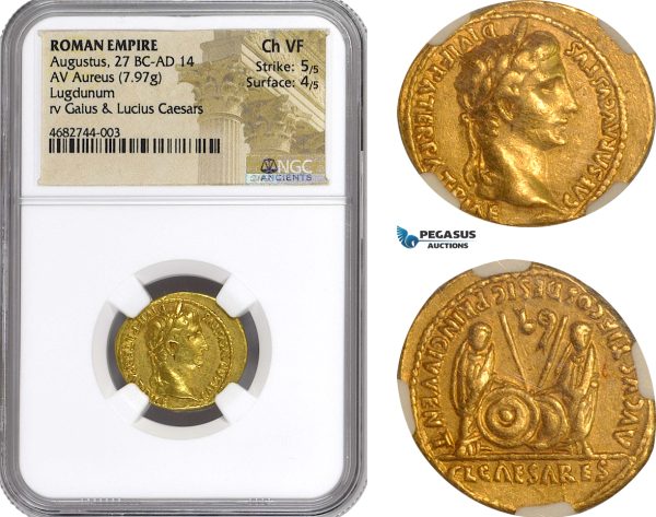 A8/015, Roman Empire, Augustus (27 BC-AD 14). AV Aureus (7.97g) Lugdunum Mint. Obv.: CAESAR AVGVSTVS DIVI F PATER PATRIAE, laureate head of Augustus right. RIC 206, NGC Ch VF, Strike 5/5, Surface 4/5, Rare!