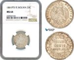 A8/062, Bolivia, 20 Centavos 1881 PTS FE, Potosi Mint, Silver, KM-159.1, NGC MS64