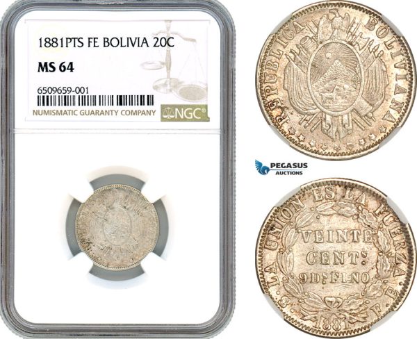 A8/062, Bolivia, 20 Centavos 1881 PTS FE, Potosi Mint, Silver, KM-159.1, NGC MS64