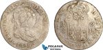 A8/109, Costa Rica, 2 Reales, Female head / Ceiba tree counterstamp (Type III, 1845) on Spain 2 Reales 1828 Rs JB, Seville Mint, Silver (5.67 g) KM- 42, Host coin lightly scratched otherwise VF with full visible details/Countermarks VF-EF