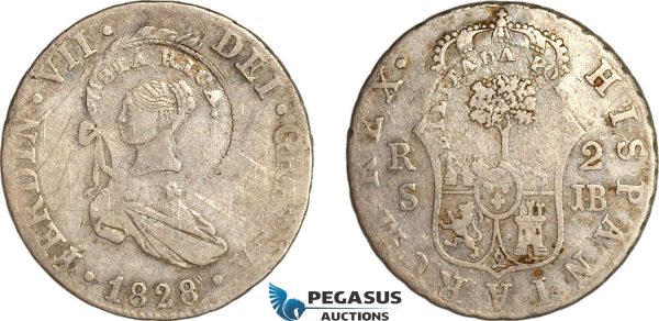 A8/109, Costa Rica, 2 Reales, Female head / Ceiba tree counterstamp (Type III, 1845) on Spain 2 Reales 1828 Rs JB, Seville Mint, Silver (5.67 g) KM- 42, Host coin lightly scratched otherwise VF with full visible details/Countermarks VF-EF