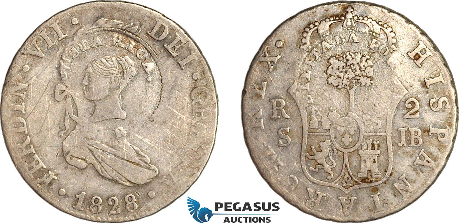 A8/109, Costa Rica, 2 Reales, Female head / Ceiba tree counterstamp (Type III, 1845) on Spain 2 Reales 1828 Rs JB, Seville Mint, Silver (5.67 g) KM- 42, Host coin lightly scratched otherwise VF with full visible details/Countermarks VF-EF