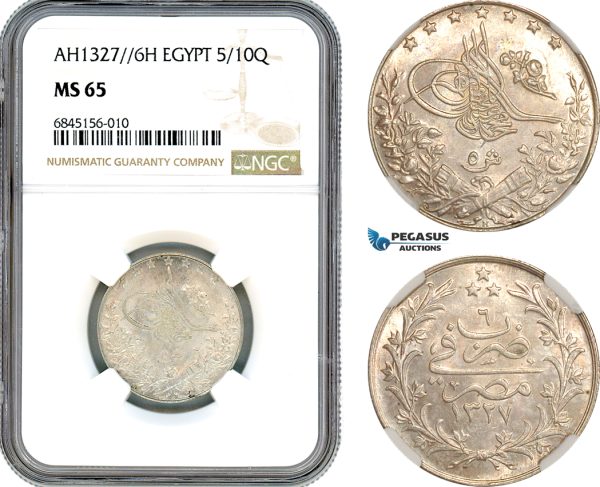 A8/130, Egypt, Ottoman Empire, Mehmed V, 5 Qirsh, AH1327//6 H, Heaton Mint, Silver, Slab error, KM-308, Lovely lustrous example piece NGC MS65, Top Pop!