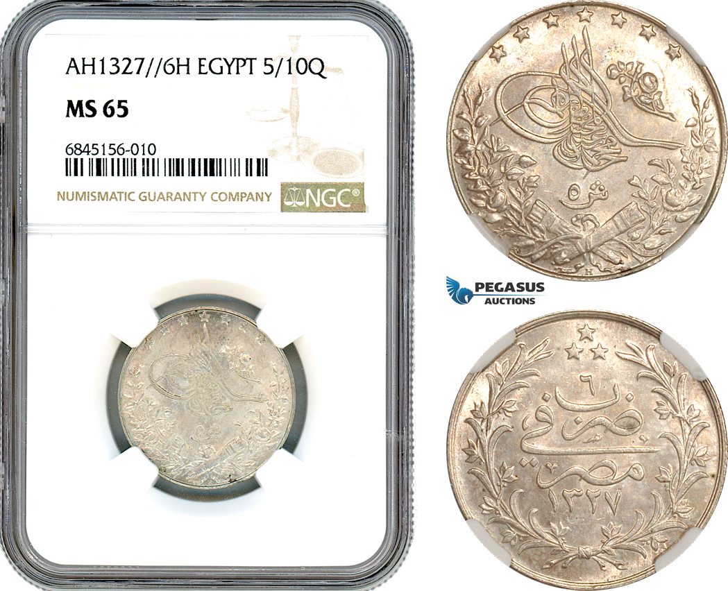 A8/130, Egypt, Ottoman Empire, Mehmed V, 5 Qirsh, AH1327//6 H, Heaton Mint, Silver, Slab error, KM-308, Lovely lustrous example piece NGC MS65, Top Pop!