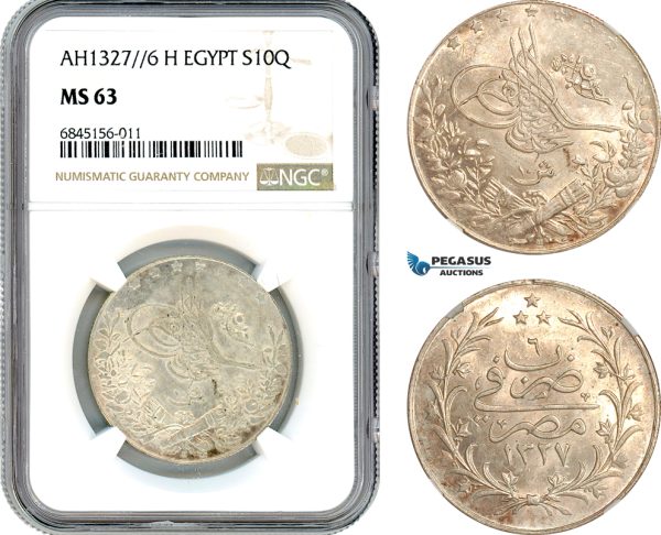 A8/131, Egypt, Ottoman Empire, Mehmed V, 10 Qirsh, AH1327//6 H, Heaton Mint, Silver, KM-309, Lovely lustrous example champagne toning, NGC MS63