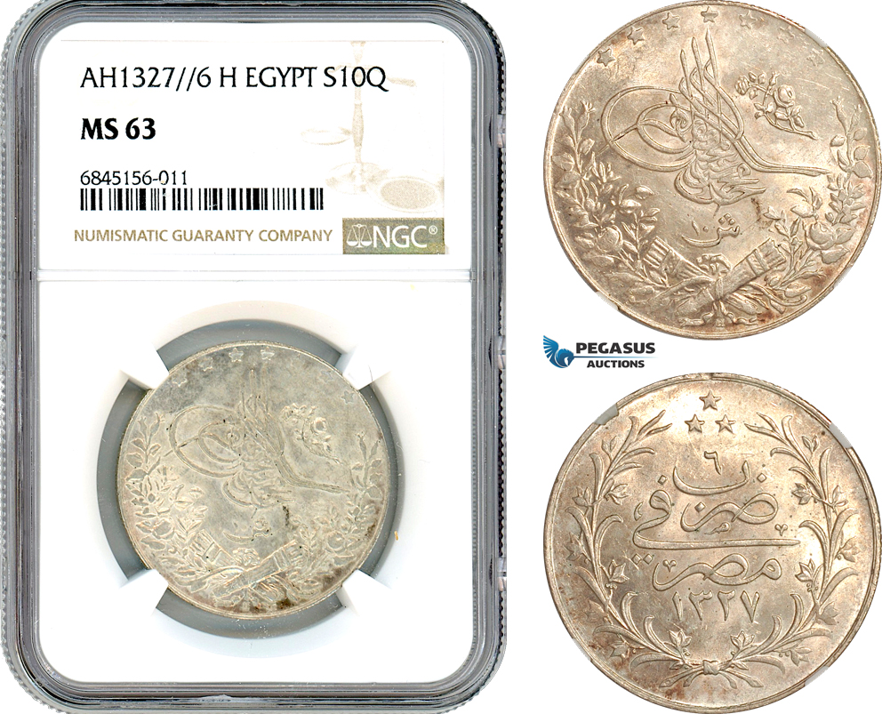 A8/131, Egypt, Ottoman Empire, Mehmed V, 10 Qirsh, AH1327//6 H, Heaton Mint, Silver, KM-309, Lovely lustrous example champagne toning, NGC MS63