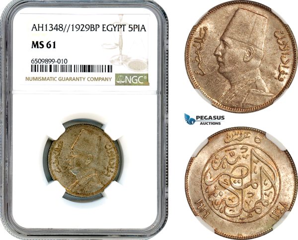 A8/134, Egypt, Fuad I, 5 Piastres, AH1348/1929 BP, Budapest Mint, Silver, KM-349, Lovely lustrous example champagne toning, NGC MS61