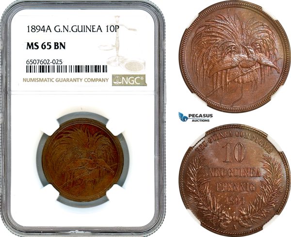 A8/183, German New Guinea, 10 Pfennig 1894 A, Berlin Mint, KM-3, Brown and flashy! NGC MS65BN