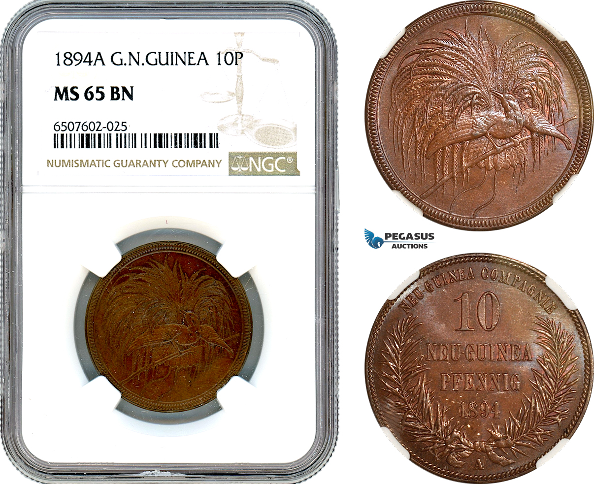 A8/183, German New Guinea, 10 Pfennig 1894 A, Berlin Mint, KM-3, Brown and flashy! NGC MS65BN