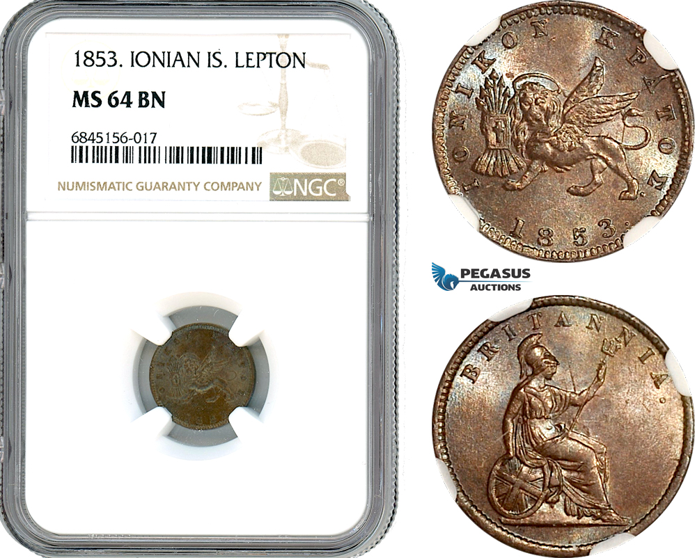 A8/200, Greece, Ionian Islands, British Administration, Lepton 1853, London Mint, KM-34, NGC MS64BN