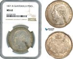 A8/202, Guatemala, Rafael Carrera, Peso 1871 R, Guatemala City Mint, Silver, KM-190.1, NGC MS62, Top Pop! Rare in this condition!