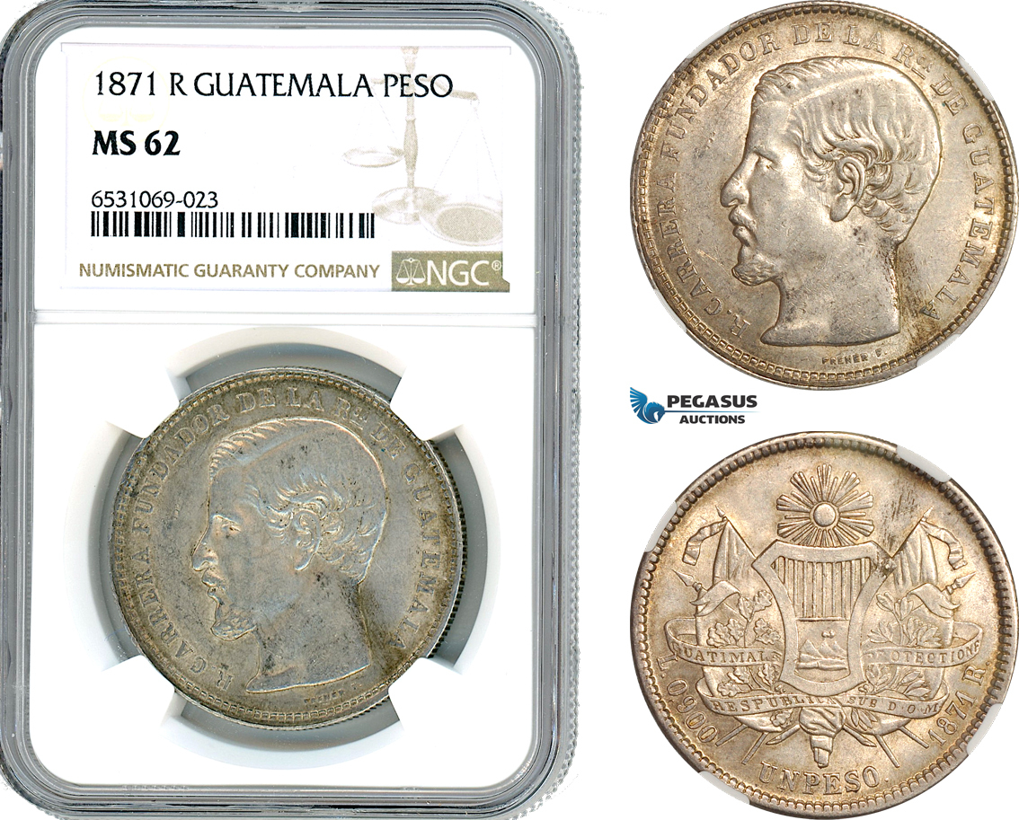 A8/202, Guatemala, Rafael Carrera, Peso 1871 R, Guatemala City Mint, Silver, KM-190.1, NGC MS62, Top Pop! Rare in this condition!