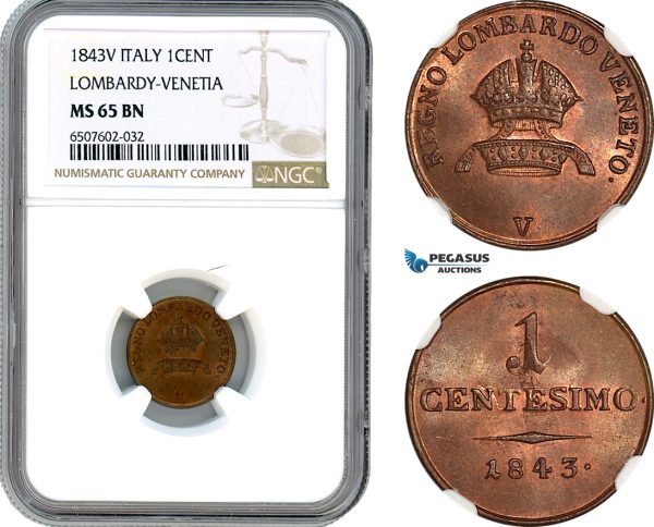 A8/255, Italy, Lombardy-Venice, Centesimo 1843 V,  KM C12.2, NGC MS65BN
