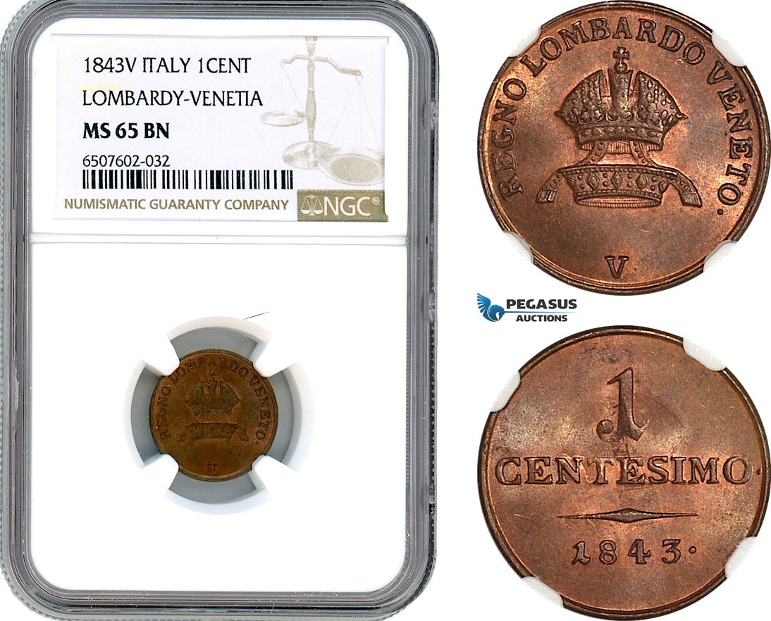 A8/255, Italy, Lombardy-Venice, Centesimo 1843 V,  KM C12.2, NGC MS65BN