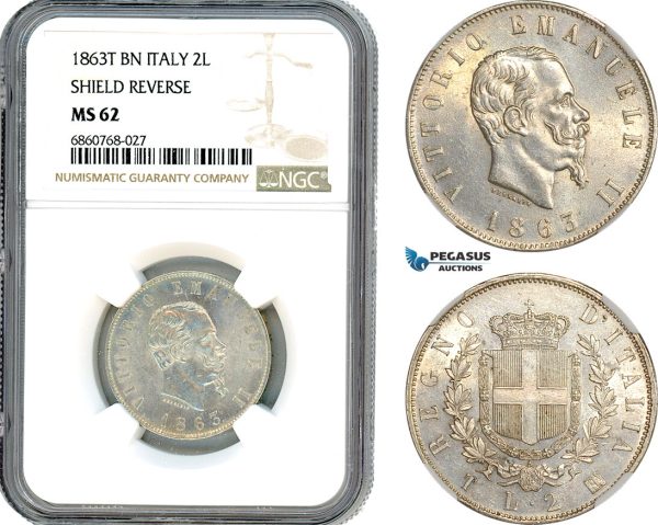 A8/256, Italy, Victor Emanuele II, 2 Lire 1863 T BN, Turin Mint, Silver, KM-6a, Light champagne toning, NGC MS62